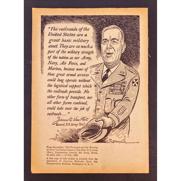 Railroad Magazine Pen & Ink Drawing Army General VanFleet & Import Railroads '56 - Picture 3 of 3
